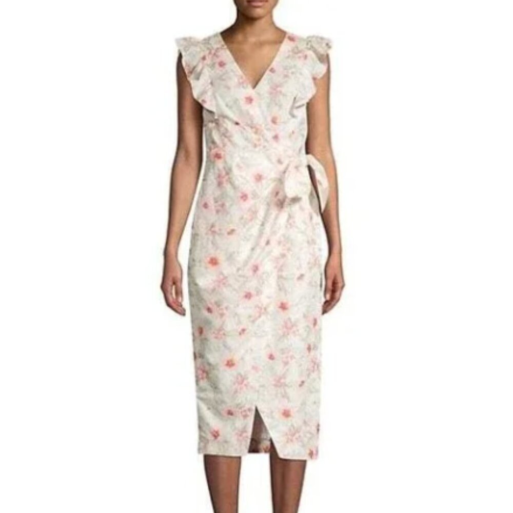 Rebecca Taylor Kamea Fleur Wrap Dress White Floral Print Ruffle Size 2 Women's